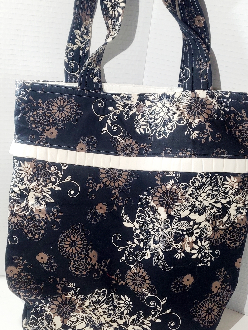 Black Floral Tote Bag with Cream Accents